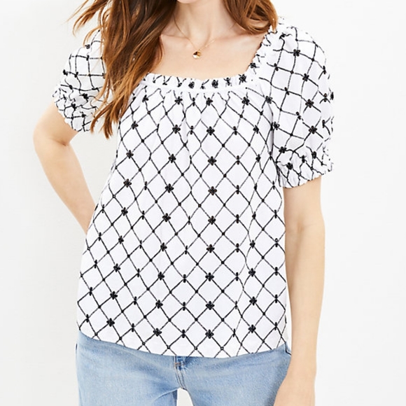 LOFT eyelet square neck knit top, small, white - Picture 1 of 10